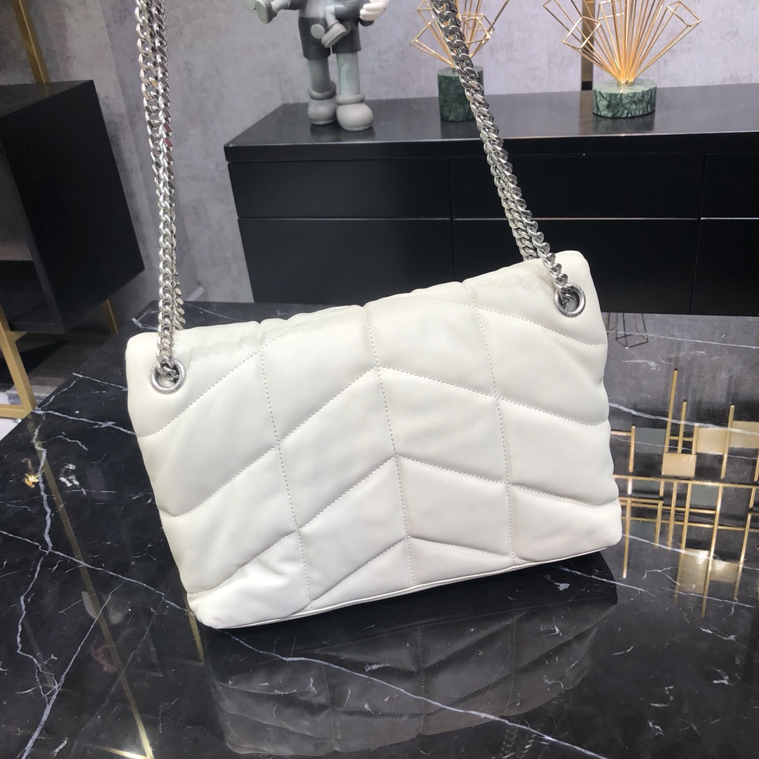 Saint Laurent Loulou Puffer Small Lambskin Shoulder Bag Handbag White 577476 Silver